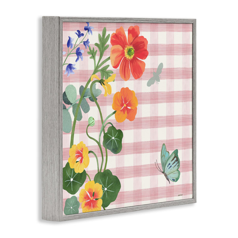 «Garden Poppies on Gingham», estampe numérique encadrée par Levison Design, H 24 po x l 24 po, Estampe numérique Farmhouse