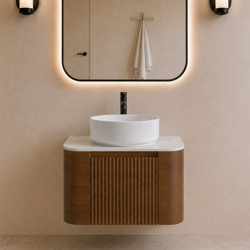 Meuble-lavabo mural 24 po avec lavabo vasque en céramique, porte-serviettes intégré et armoire pré-assemblée, Noyer