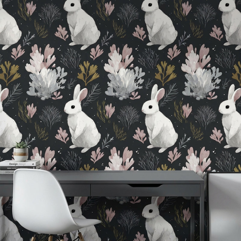 Rabbit Wallpaper Botanical Dark Wall Mural, Peel and Stick