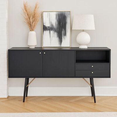 Console buffet Belo, 2 tiroirs, accent doré, noir, 63 pouces
