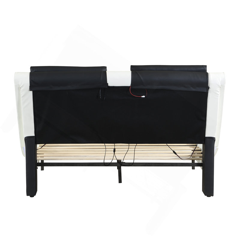 Structure de lit tapissier en similicuir avec éclairage à DEL, connexion Bluetooth pour contrôler la musique, massage par vibration du dossier, conception en courbe, support à lattes de bois, aucun sommier nécessaire, grand