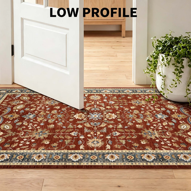 Tapis floral rétro vieilli, Bleu - Rouge, 8 x 10 pi