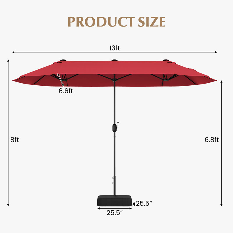 Parasol de patio à double face de 13 pieds avec verrou de sécurité à base de manivelle, Rouge