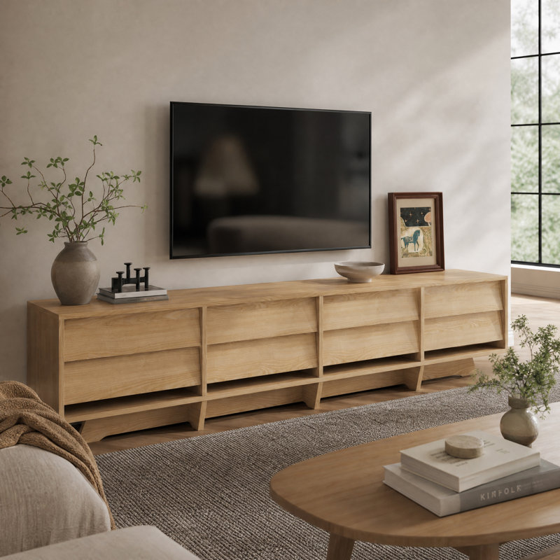 Meuble télé moderne de 200 cm (78,7 pouces) au style naturel, meuble télé sur pied grande capacité avec 8 tiroirs de rangement, meuble multimédia contemporain pour l'organisation du salon