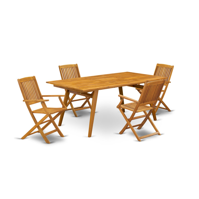Ensemble repas 5 pièces pour patio comprenant une table rectangulaire d'extérieur en bois d'acacia et 4 chaises pliantes à accoudoirs, 40 x 72 pouces, huile naturelle