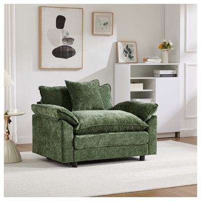 Fauteuil d'appoint moderne en chenille avec accoudoirs coussinés, fauteuil club rembourré vert pour le salon ou la chambre à coucher