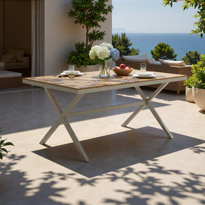 Table de salle à manger à plateau en bois avec cadre en acier, table de patio rectangulaire de 55,12 po avec pieds en forme de X, résistante aux intempéries pour la cour, le jardin, la terrasse et la piscine