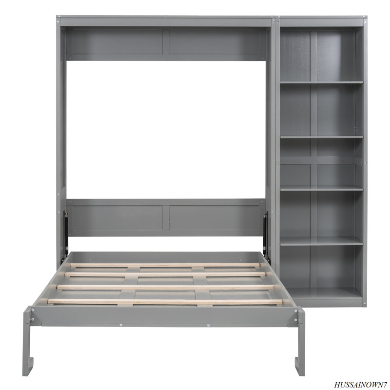 Murphy Bed Wall Bed With Shelves, Gray, Full