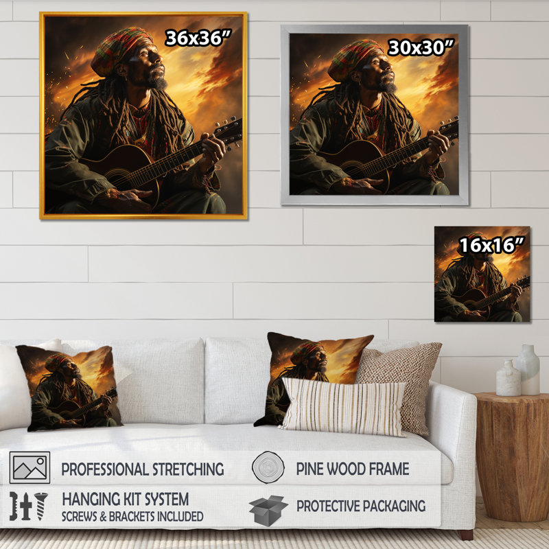 «Rasta Reggae Man Paying Guitare» sur toile, H 36 po x l 36 po x P 1,5 po, Cadre flottant doré