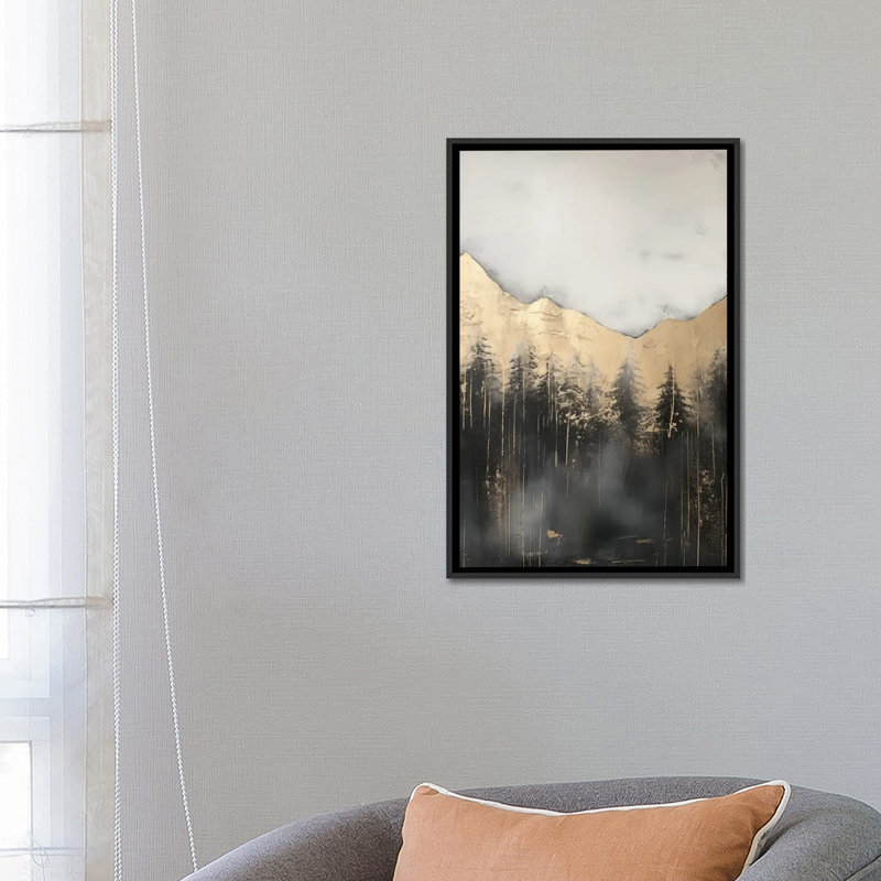 «Mountain Forest Gold Abstract Paint III», reproduction d'art encadrée, H 26 po x l 18 po, Noir