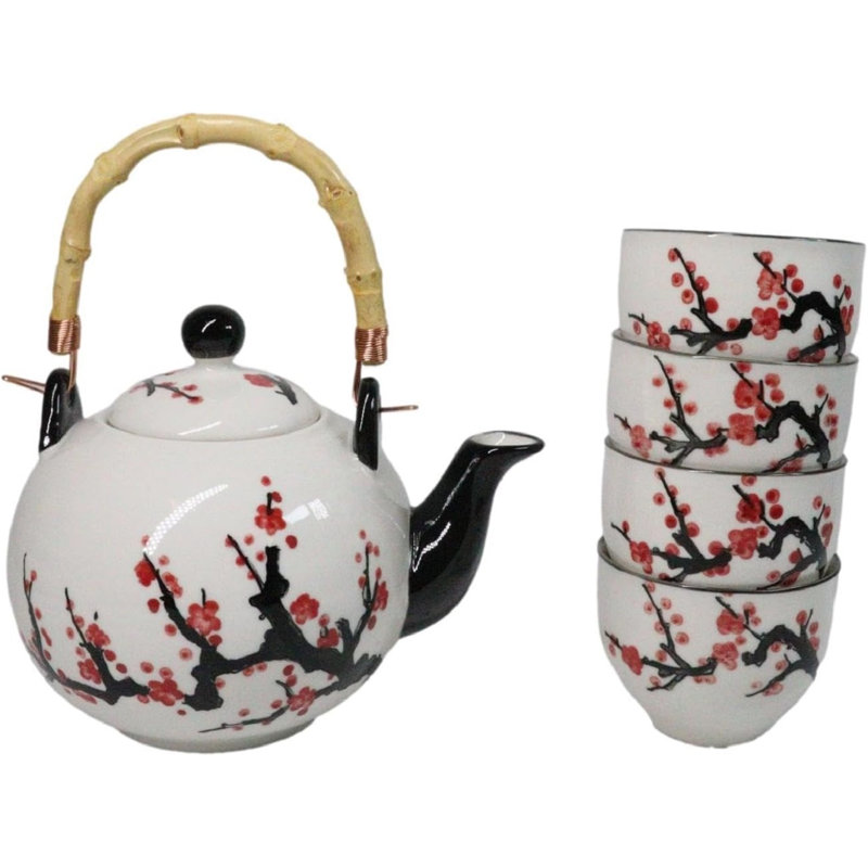 Ensemble de théière en porcelaine 30 oz et 4 tasses à thé en porcelaine blanche et rose