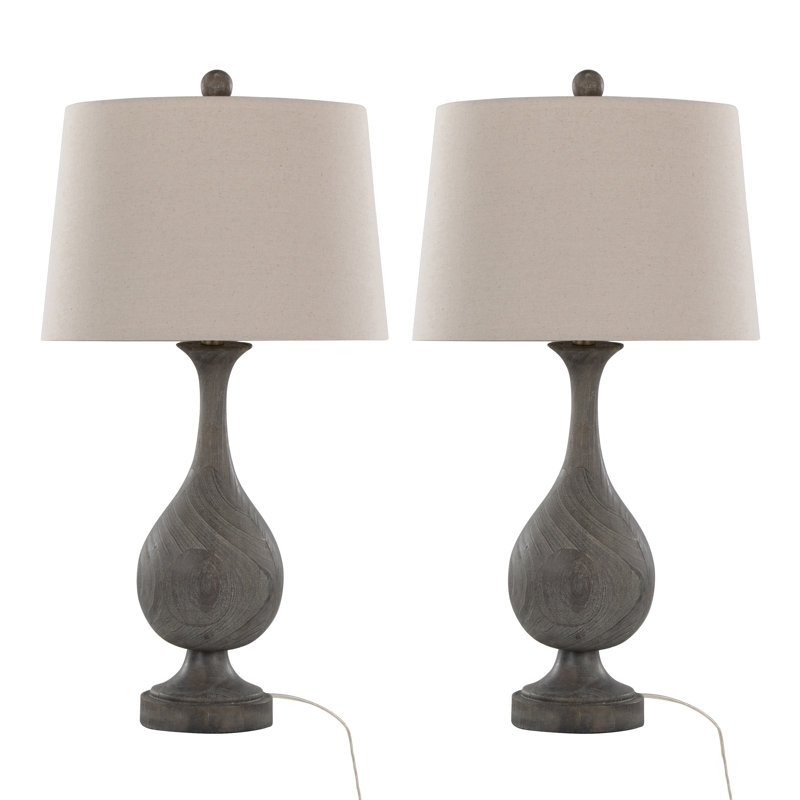 29" Polyresin Table Lamp in Acid Wood Polyresin, Antique Soft Brass and Natural Linen Shade, Natural, Brown