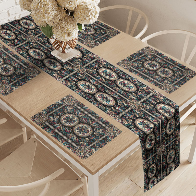 Beige and Seafoam Polyester Floral Table Runner and Placemats Set
