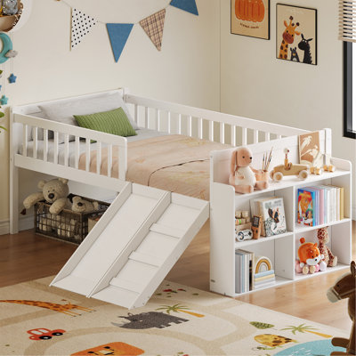 Structure de lit simple avec tablette de rangement, structure de lit en bois avec glissière et échelle, lit plateforme simple avec garde-corps, aucun sommier requis, assemblage facile