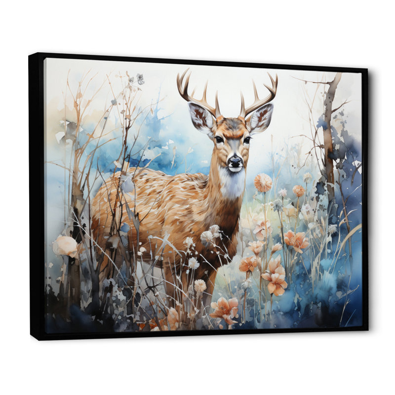 " Deer Winters Embrace I ", 12" H x 20" W x 1" D, Black Floater Framed
