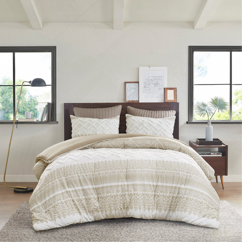 3 Piece Cotton Comforter Set With Chenille Tufting, Full/Queen, Farmhouse Style, Hypoallergenic, OEKO-TEX Certified, Taupe