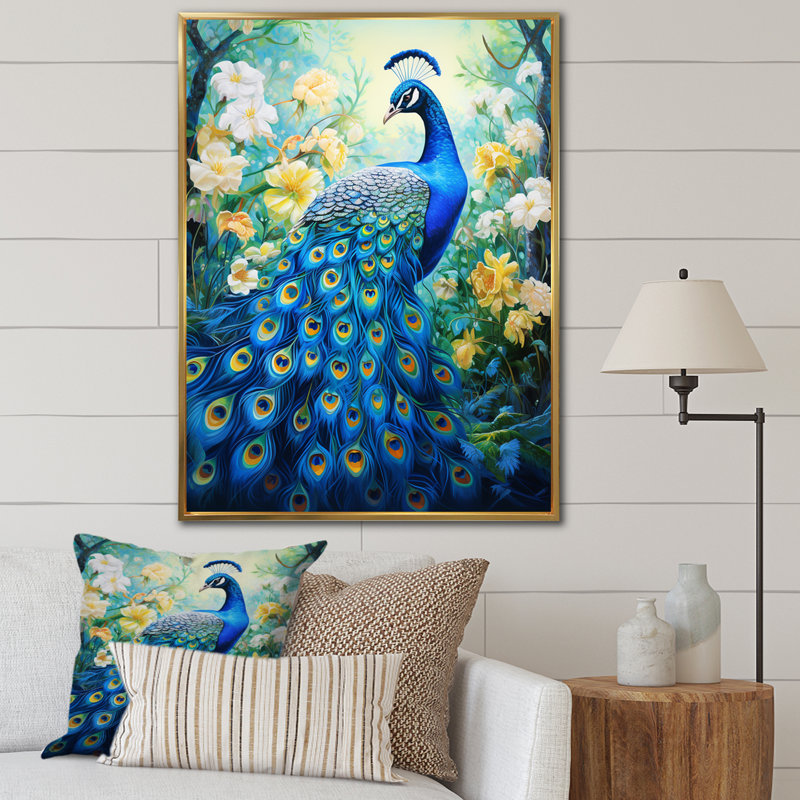 Yunick bleu sarcelle symboliste - art mural paon pour le salon, H 20 po x l 12 po, Cadre flottant doré