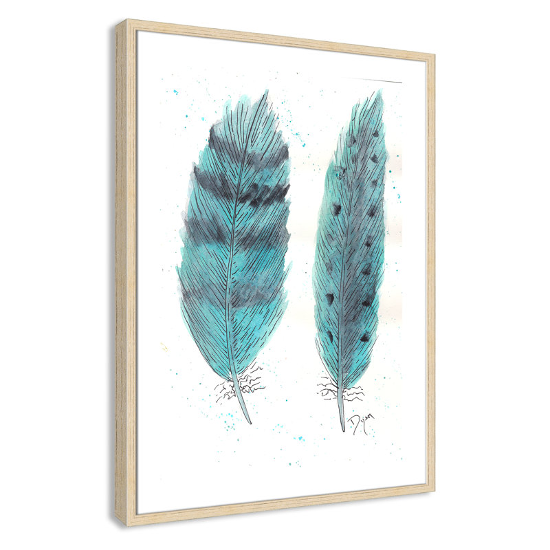 «Feathers in Turquoise II», art encadré, H 35,5 po x l 25,5 po x P 1,18 po, Encadrement beige