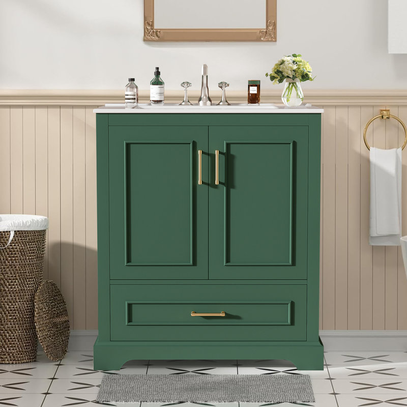 Meuble-lavabo simple 30 po avec plateau en céramique, 2 portes à fermeture douce et 1 tiroir divisé, Vert