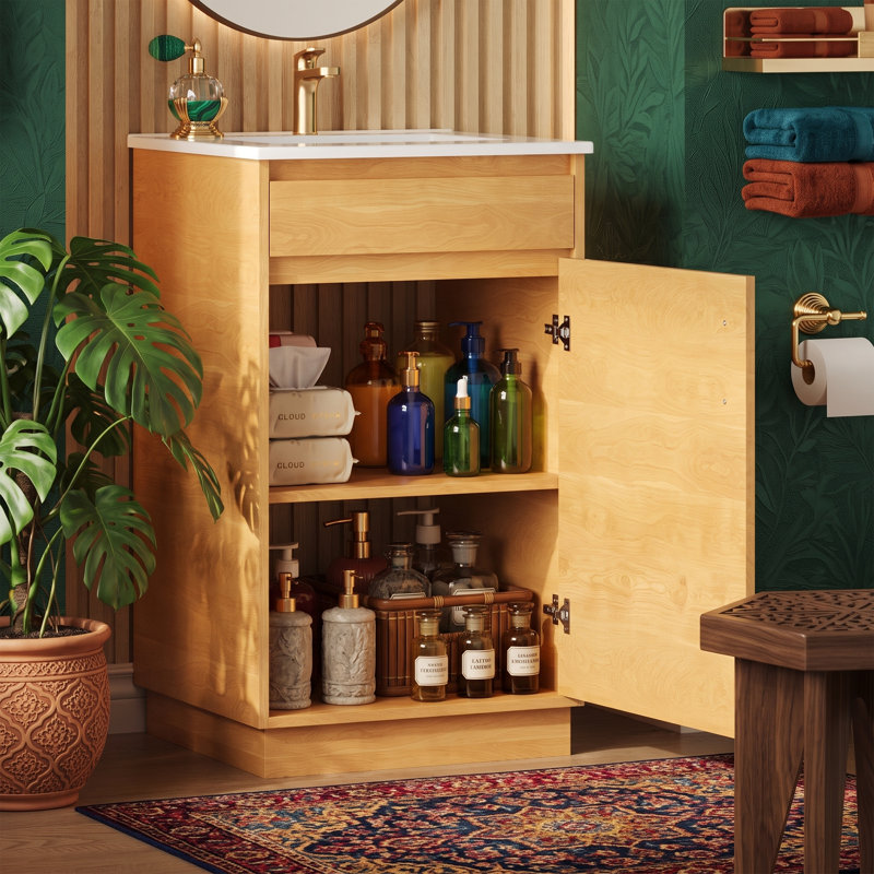 20" Single Bathroom Vanity with Integrated Ceramic Sink - Freestanding Wood Grain Storage Cabinet for Powder Rooms - Soft Close Door - Natural