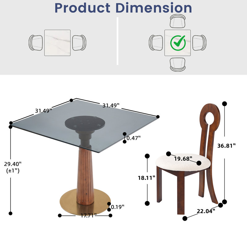 Ensemble 5 pièces de table de salle à manger carrée moderne en verre avec 4 chaises en tissu Boucle, Gris