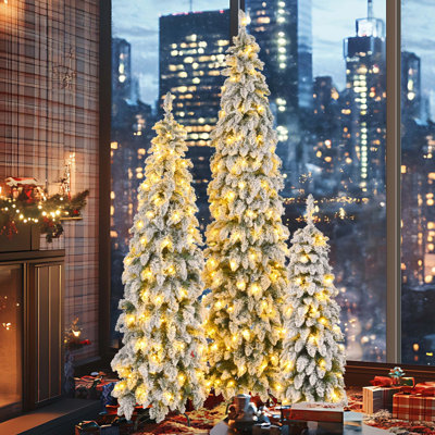 Pre-Lit Pencil Christmas Tree Set with Snow Flocking and LED Lights
