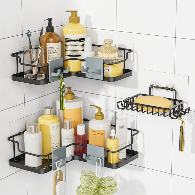 Douche de coin, ensemble de 3 tablettes de douche en acier inoxydable antirouille avec porte-savon, noir
