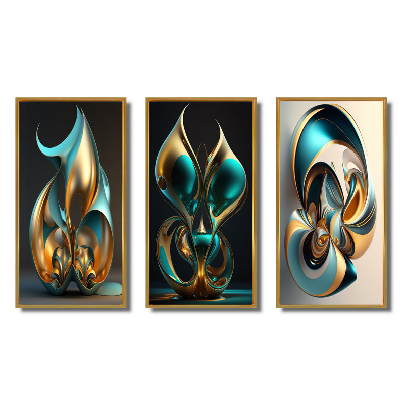 Rhythm Of Infinity 3D Turquoise Gold Sphere VI - Abstract Fractal Art Set Of 3 Pieces, Encadrement doré, H 40 po x l 60 po