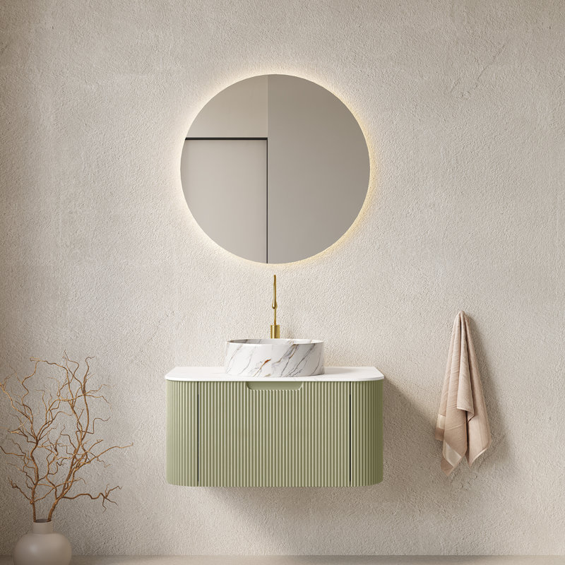 Meuble-lavabo de salle de bain 30 po avec lavabo, meuble de rangement mural à bordures courbées et flottantes avec tiroir, lavabo rond en céramique blanc avec motif de pierre