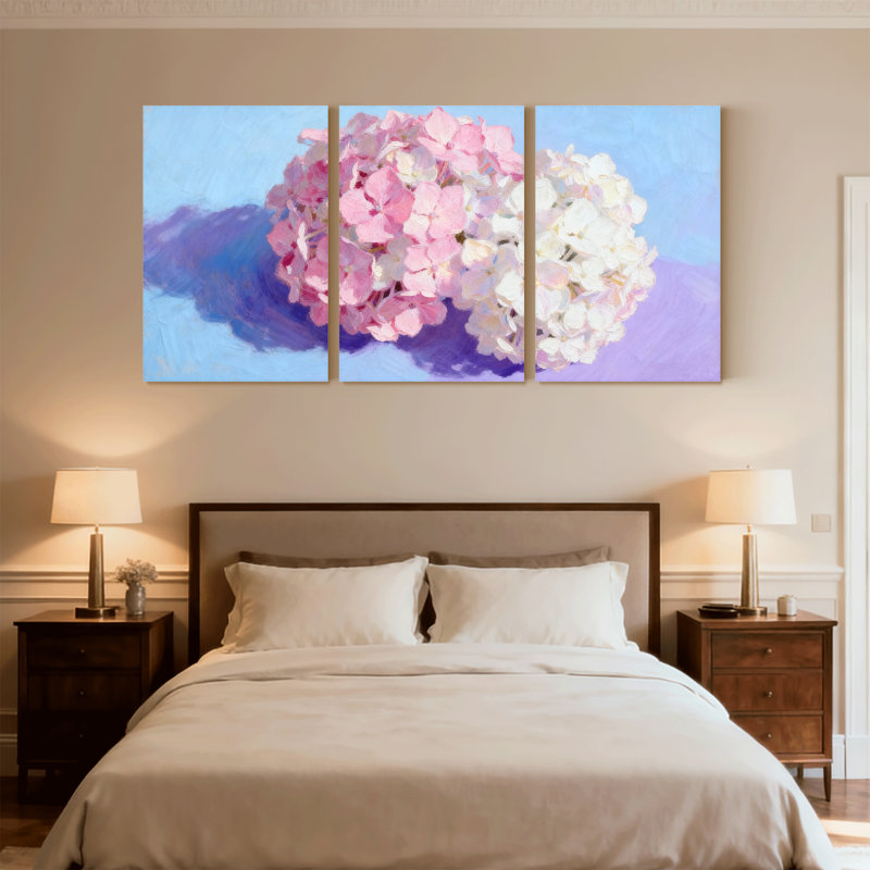 Fleurs d'hortensia sur fond, ensemble de 3 impressions d'art sur toile, H 30 po x l 60 po