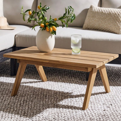Merritt Mid-Century Modern Outdoor Acacia Wood Coffee Table with Slatted Tabletop, Adjustable Feet for Patio, Garden & Balcony