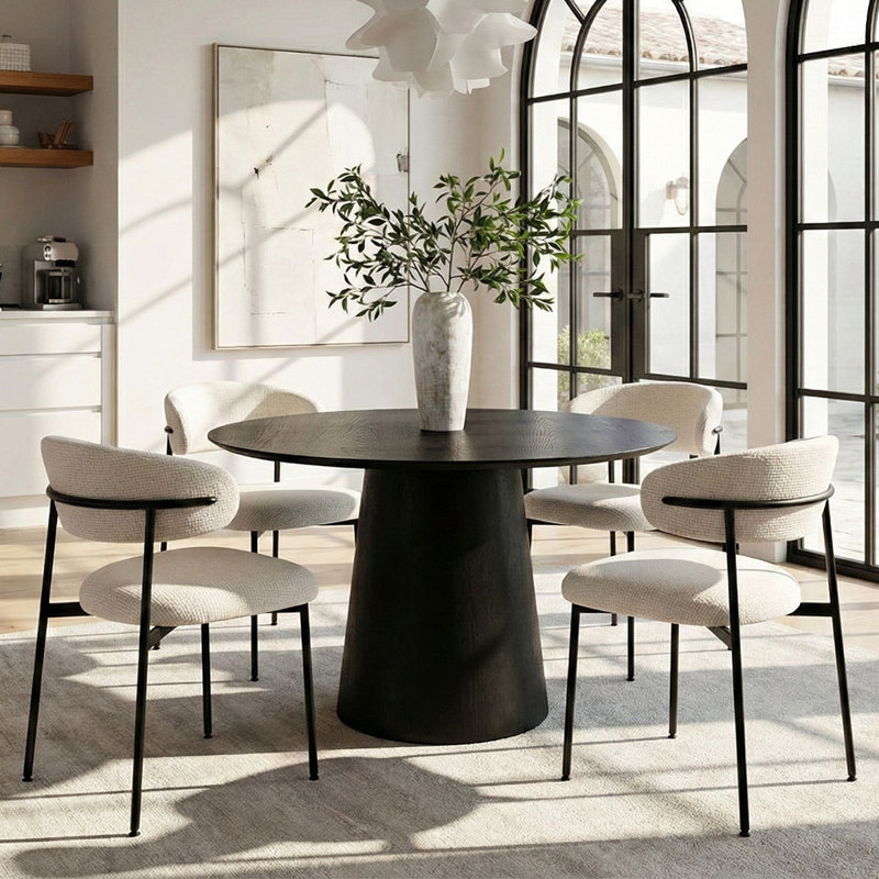 5-Piece Round White Oak Dining Table Set For 4, Santi Beige
