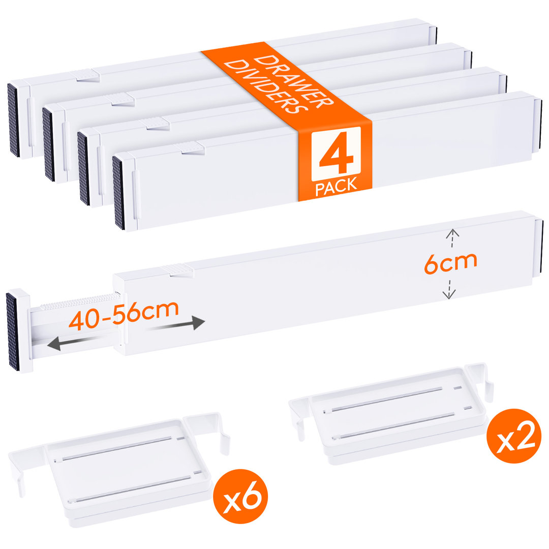 4 Pack Drawer Dividers 2.36" High, 16"-22" Adjustable Drawer Organizer With 8 Inserts For Utensils/clothes/makeup, Plastic Expandable Separators In Ki
