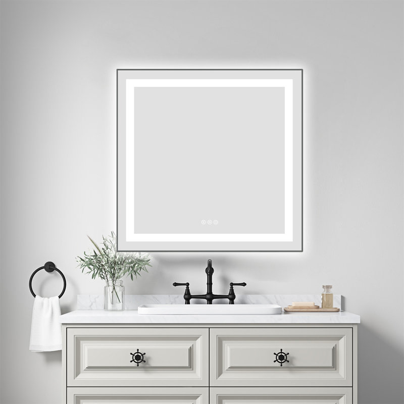 30" X 30" LED Bathroom Mirror With Front And Backlight, 30" x 30", Gun Ash