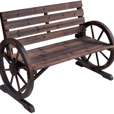 Banc de repos d'extérieur rustique en forme de roue de chariot de 41 pouces, résistant aux intempéries, 2 places, construction en bois de sapin massif, style banc de porche en bois, résistant aux intempéries.