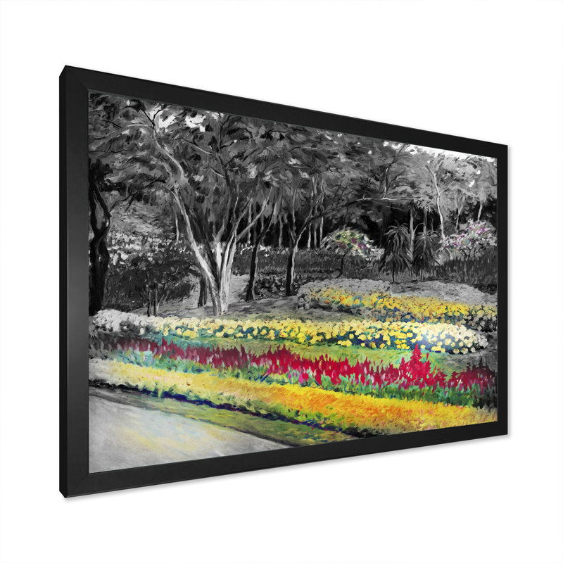 Jardin vert en noir et blanc - reproduction sur toile, H 8 po x l 12 po x P 1 po, Cadre noir