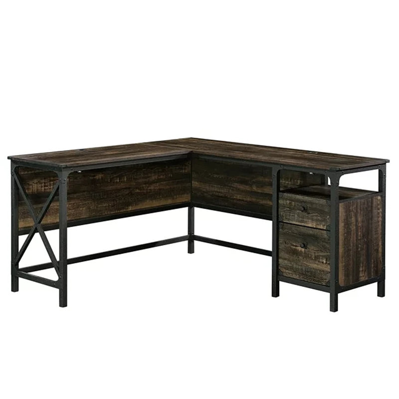 L-Shaped Metal Base Executive Desk, Carbon Oak