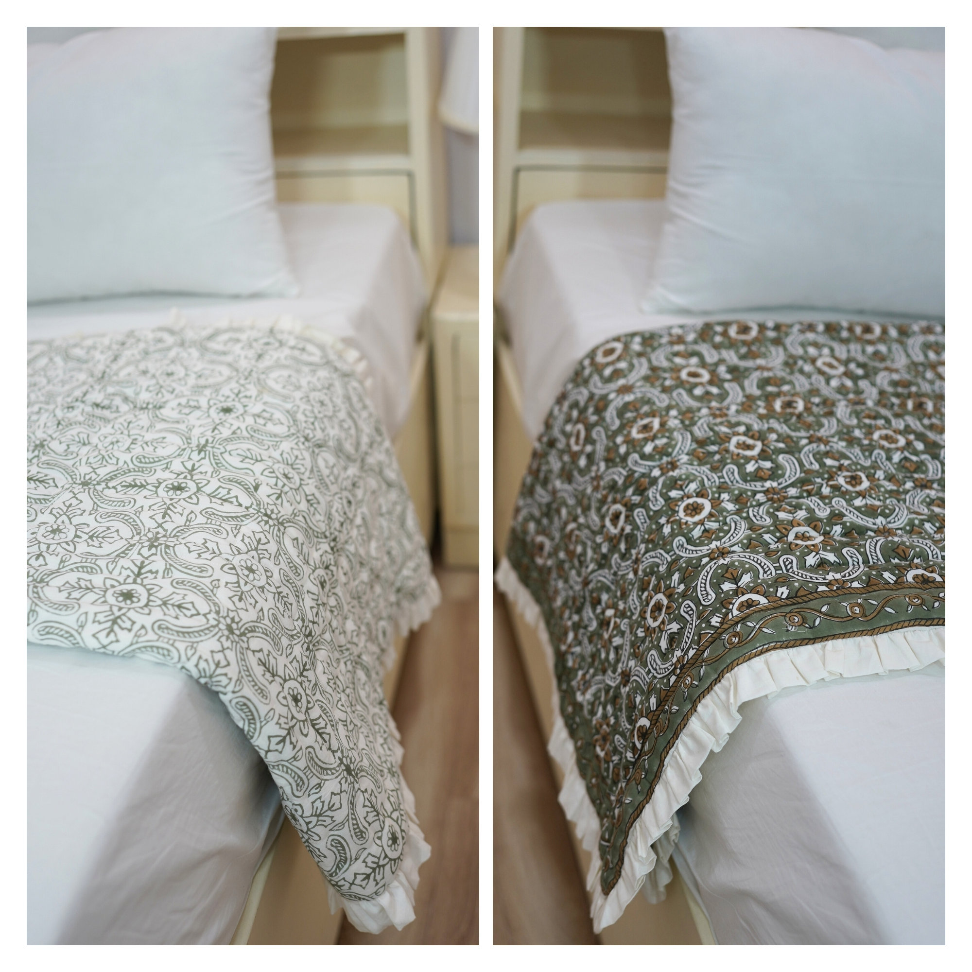 Fabdivine Luxury Block Print Cotton Quilt Floral Boho Bedding for Bedroom & Sofa, White/Green, Twin