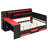 Full Size Gaming Daybed with Integrated Desk and Lights, Modern Wooden Bed Frame with 3 Storage Drawers and Built-in Charging Station, Multi-Functional Headboard Bookcase, Black+Red-1003253183-1003253182
