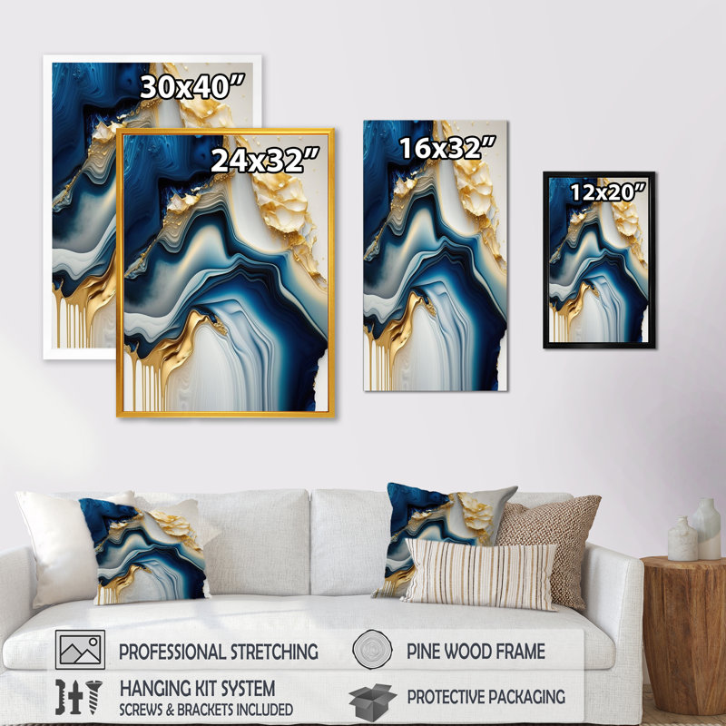 Abstract Geode Gold and Blue Marble II - Print on Canvas, 40" H x 30" W, Wrapped Canvas, No Frame
