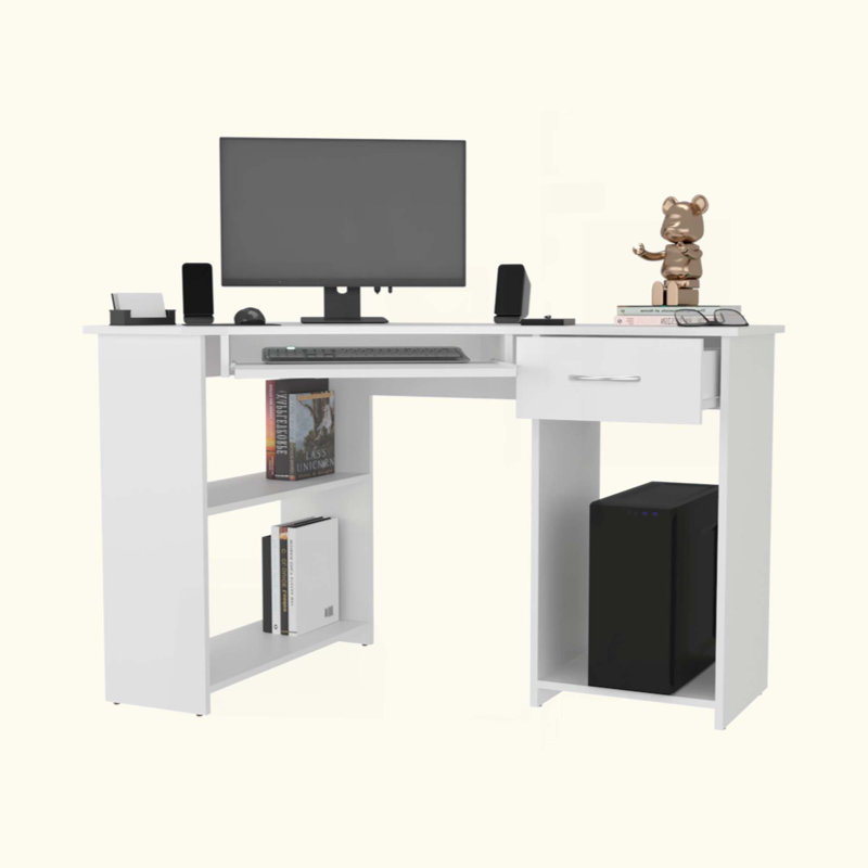Bureau d'ordinateur de coin en L avec tiroir et tablette, Blanc