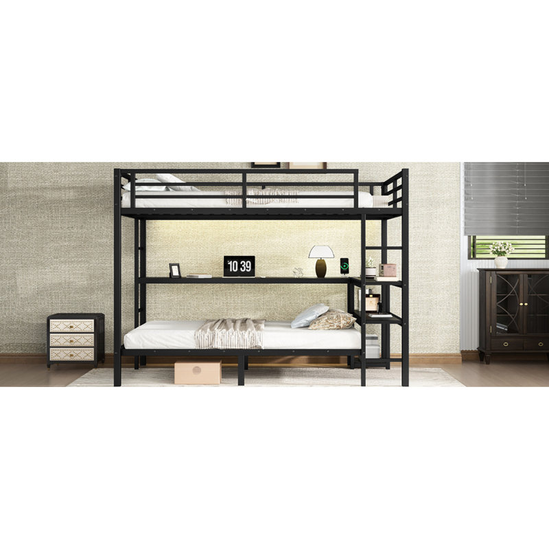 Lit superposé simple / noir en métal noir avec bureau, tablettes et - plusieurs options de placement, garde supérieur, assemblage facile par-dessus un lit simple, lumières à DEL, cadre de rangement, utilisation de l'espace 3D, conception sécuritaire