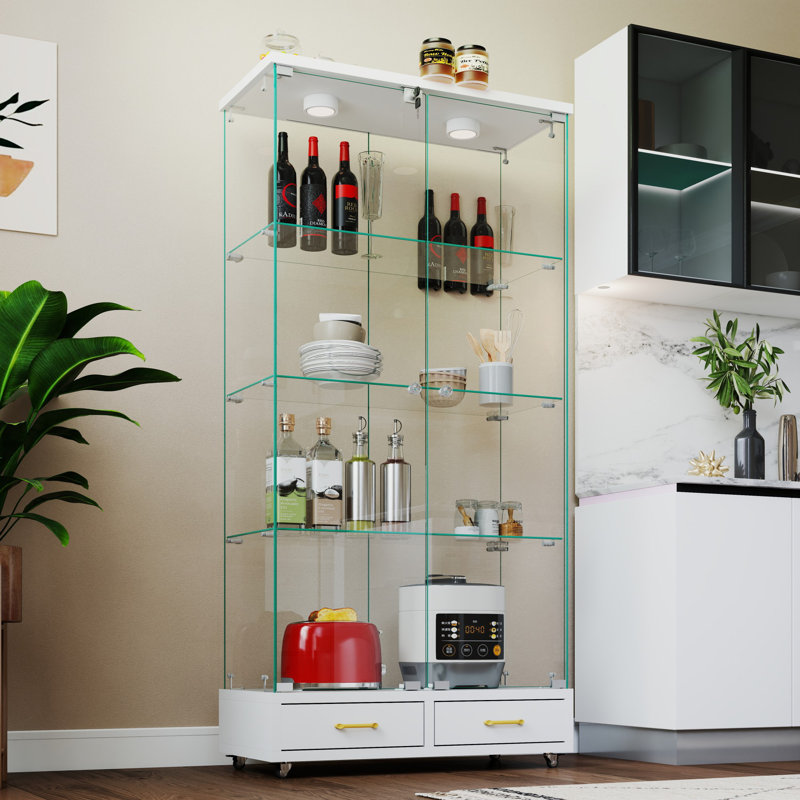 Vitrine moderne en verre avec 4 tablettes en verre trempé, Gris