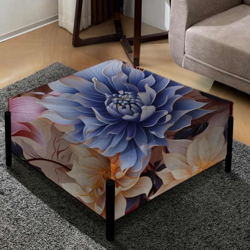 Grand repose-pieds carré floral bleu et beige métallique
