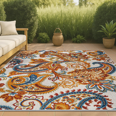 Charlton Home® Midgard Paisley High-Low Orange/Multi Indoor/Outdoor Rug ...