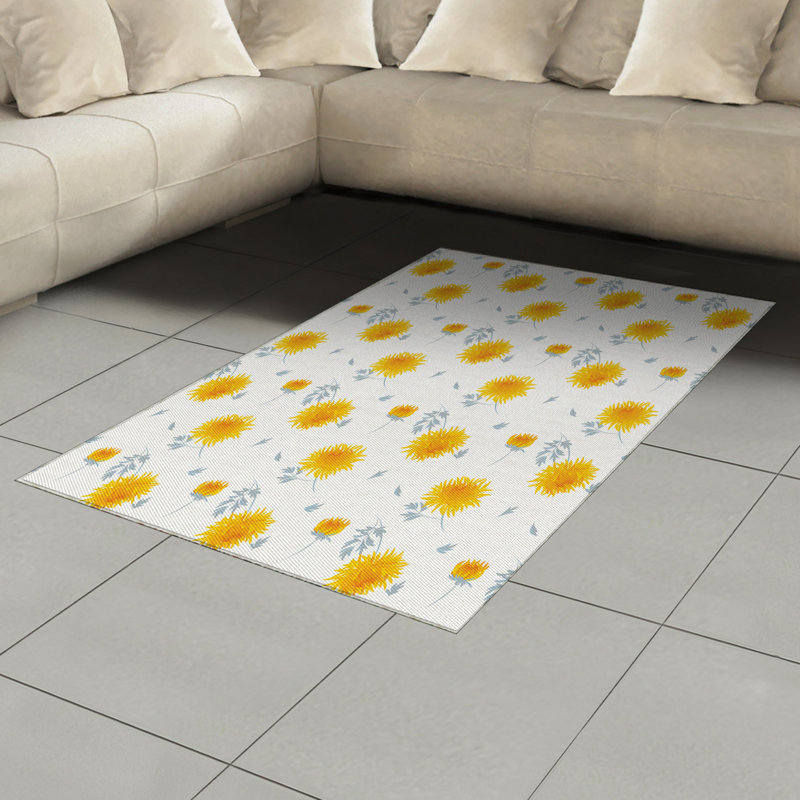 Yellow Flower High Density Long Fiber Poly Threads Decorative Area Rug Carpet, Rectangle 4' x 5'8"