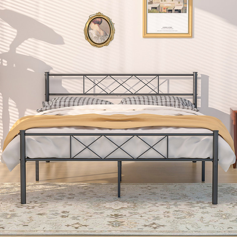 Full Size Bed Frame, Metal Bed with Headboard, Heavy-Duty Platform Bed, Mattress Foundation with Slats Support, No Box Spring Needed