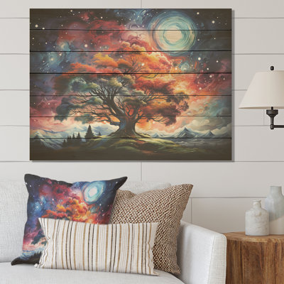 Orange And Pink Cosmic Tree  - Tree On Wood Print