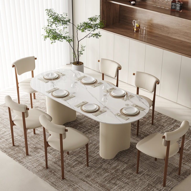 70.87" Oval Sintered Stone Dining Table Set With 6 Fabric Upholstered Dining Chairs