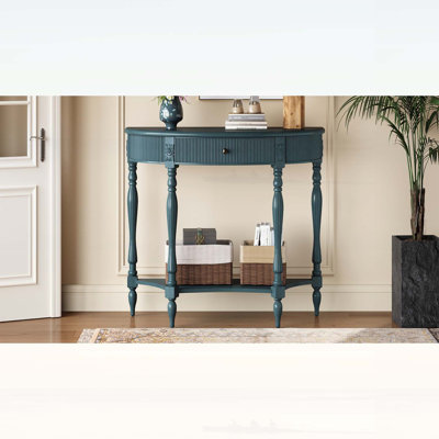 Console demi-lune en bois massif avec tiroir et tablette, table d'entrée incurvée cannelée vintage pour couloir et vestibule, table de canapé à espace étroit avec pieds sculptés à colonne romaine, brun rustique